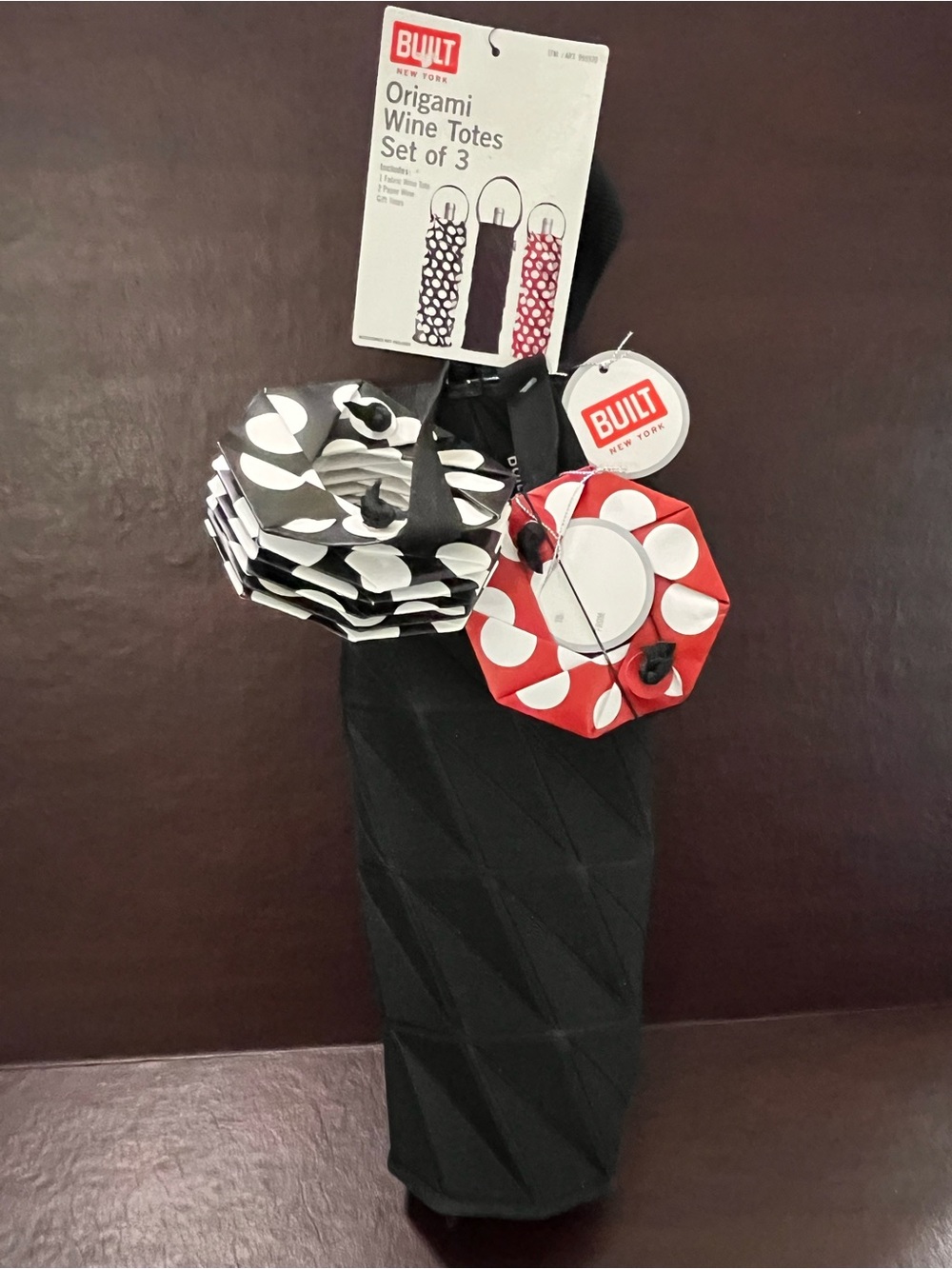 BUILT Origami Wine Tote Set in Black, Red and White